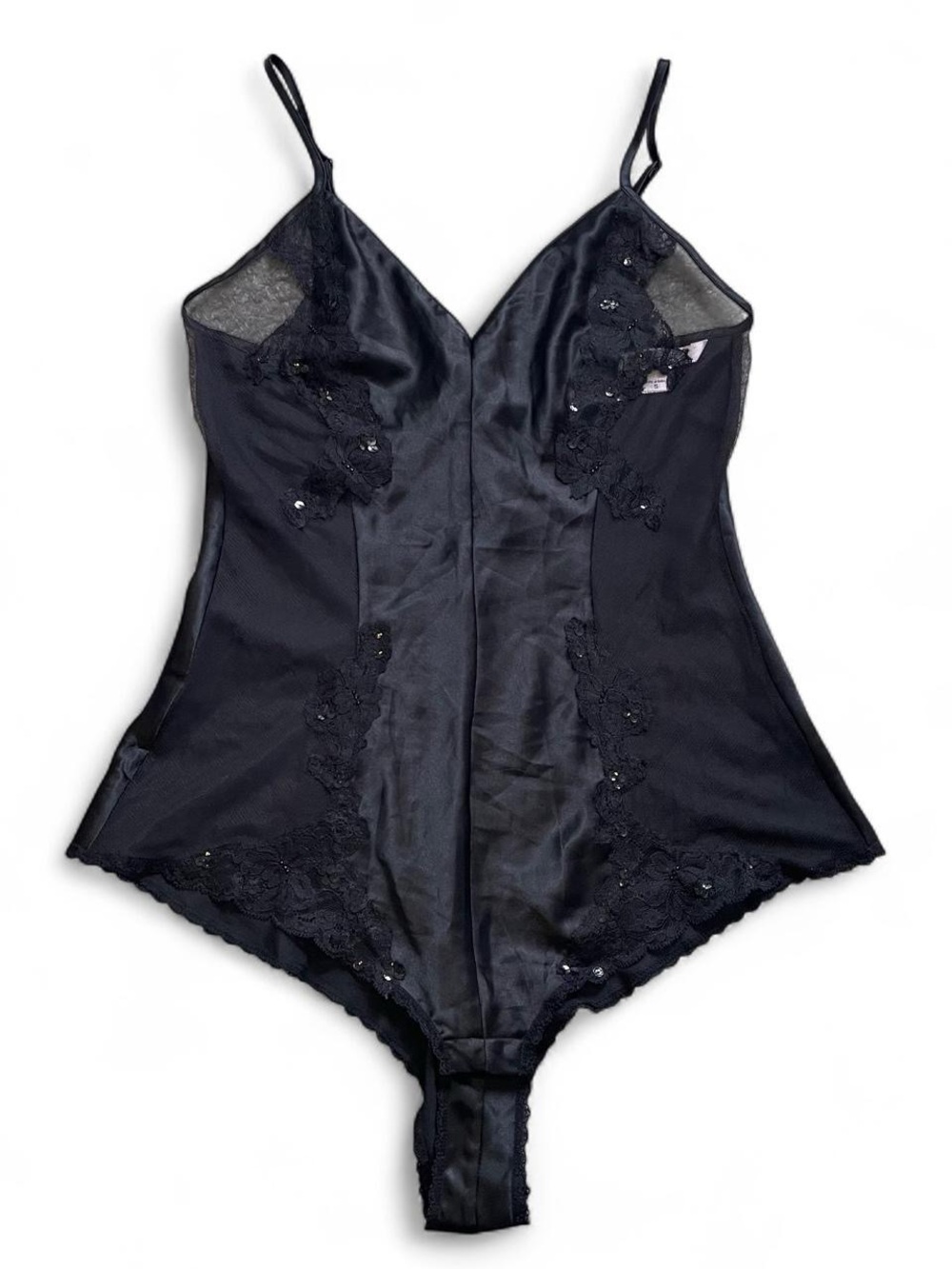 Victoria's Secret Satin Mesh Teddy/Bodysuit w/ Lace & Sequins Appliqué in Black